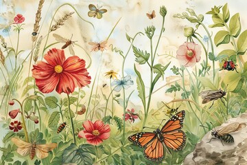 a nostalgic watercolor of a childhood garden with various insects and flowers