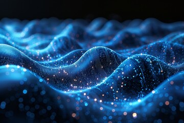 A futuristic digital landscape with holographic blue waves and cascading binary streams. Generative AI