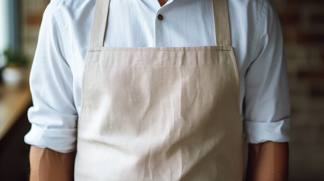 Man wearing beige linen apron mock up in the modern kitchen, chef uniform for cooking