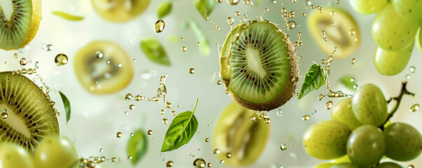 Fresh kiwi slices, grapes, and basil leaves floating mid-air with water droplets, set against a sunny background, creating a refreshing and energetic summer vibe.