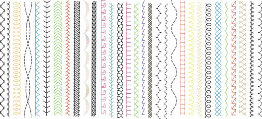 Sew stitch. Colorful seamless pattern brush embroidery thread seam, fabric sewing machine stitches line border, textile seam. Needlework