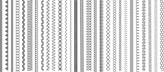 Sew stitch. Colorful seamless pattern brush embroidery thread seam, fabric sewing machine stitches line border, textile seam. Needlework