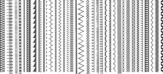Sew stitch. Colorful seamless pattern brush embroidery thread seam, fabric sewing machine stitches line border, textile seam. Needlework