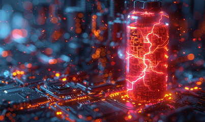 Futuristic neon glowing eco-friendly high-tech energy storage 3D rendering lithium ion battery with lightning icon high capacity rechargeable power green tech