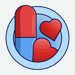 Capsule medicine concept, Open Capsule with Heart Symbol Vector Illustration. open pill capsule, pellets falling from capsule, pill composition, Medical Design Concept.