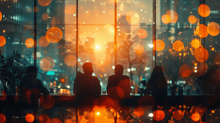 Business team meeting in conference room with blurred glass wall and office buildings view