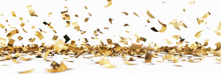 Golden confetti, suspended in mid-air against a crisp white background, creates a scene of celebration. The floating, shimmering particles reflect light, enhancing the festive mood, banner
