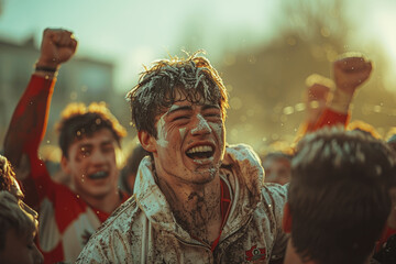 rugby players celebrating victory on field in foggy morning lifting teammate on shoulders showing team spirit unity and joy