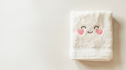 Novelty folded white Kawaii facecloth with smiling face and heart cheeks. Unusual bathroom hand towel d&eacute;cor. Marketing advertising interior design mockup stock. Neutral background with copy space.