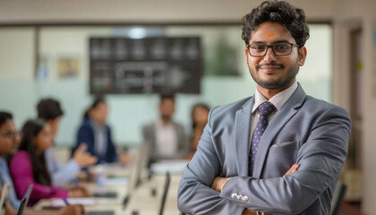 Obraz premium A man in a suit and tie stands with arms crossed in front of a group of people at an event