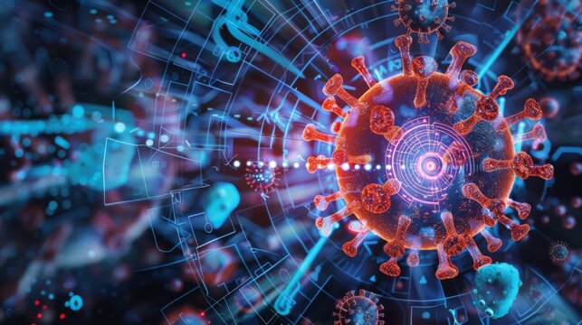 A digital illustration of a coronavirus, depicted in detail with spikes and a glowing center. Other smaller viruses are shown in the background, surrounded by a digital network of lines and shapes. - Powered by Adobe