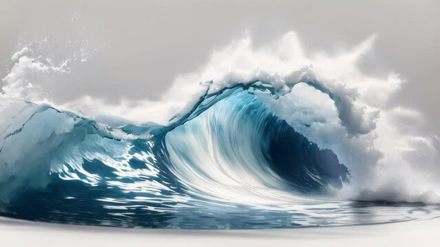 Animation of a breaking ocean wave, isolated on a grey background. The wave is rendered in detail, with realistic foam and spray. The light reflects off the water, creating a shimmering effect