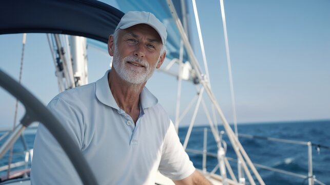homme de 60 ans skippeur d'un petit voilier en mer