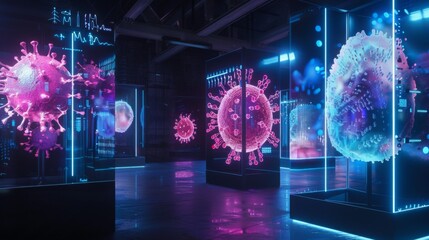 Several large, glowing 3D models of viruses are displayed in a futuristic, brightly lit laboratory.