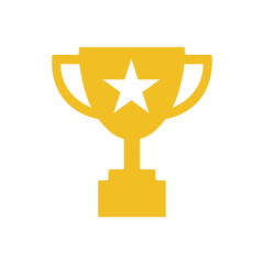 Trophy cup icon, flat style yellow, gold color championship cup winner symbol with white star