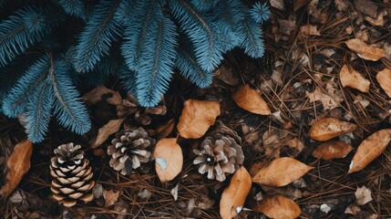 flat lay photo of blue spruce with brown leaves on the ground