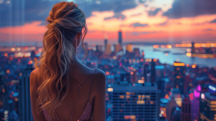 Elegant woman in evening dress on luxury balcony overlooking New York City at sunset