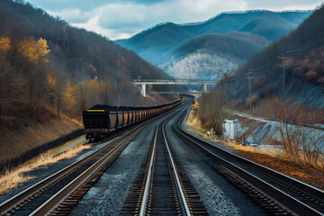 Long coal train is transporting its cargo through a remote area of west Virginia on a cloudy day