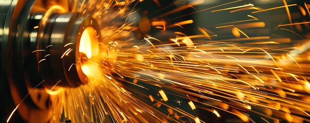 A black circular object emits sparks on a black background