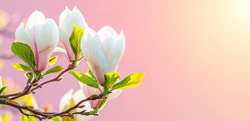 A number of white flowers and leaves below, with a pink background and a spotlight from the top right