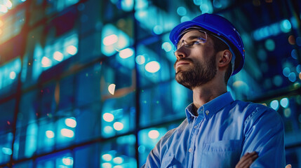 A Professional project manager, photo realistic, Construction Consulting Group, in the style of cyan