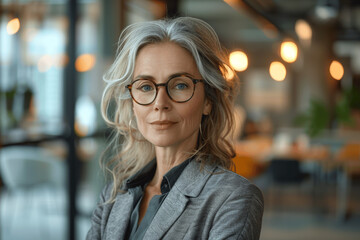 Obraz premium Smiling Senior Businesswoman in Glass Office Wearing Blazer and Glasses
