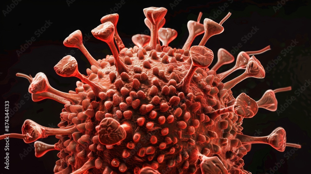 Fototapete A microscopic image of a coronavirus, showing its distinct spikes and surface structure.