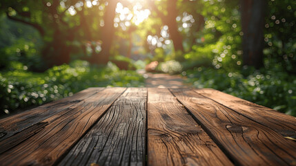 Rustic Wooden Table with Blurred Backyard BBQ and Picnic Scene on a Sunny Day for Product Display