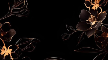 Golden flowers on a strict black background in art deco style with copy space. Fine lines and subtle shimmer create a sense of elegance