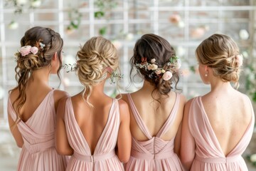 Four bridesmaids in pink dresses with floral hair accessories stand facing away from the camera in front of a white lattice wall