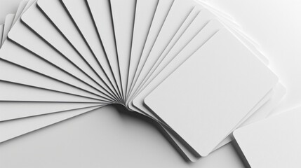 Multiple blank white credit cards arranged in a fan shape, casting subtle shadows on a pure white background, with sharp edges and glossy surfaces