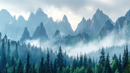 Obraz premium A serene mountain landscape with a range of jagged peaks and dense pine forests, blanketed in morning mist.