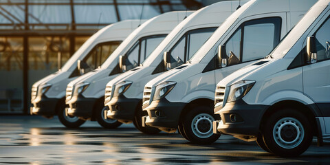 Row of new white delivery vans parked in sunset light.
