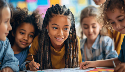 Diverse Classroom of Children and Teacher Engaged in Art Project