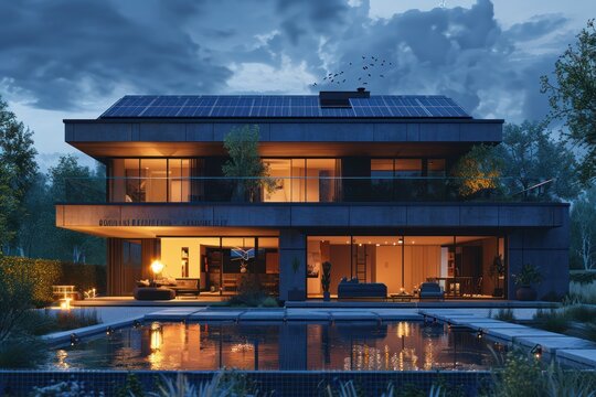 A modern house with solar panels on the roof and a swimming pool in the front yard. The house is lit up at dusk