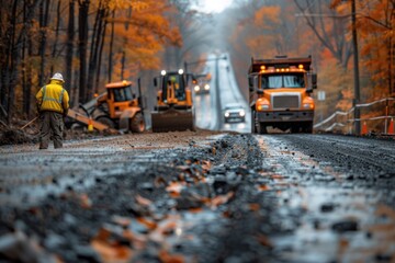 A construction worker stands on a newly paved road as heavy machinery and trucks move about