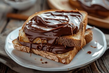 Bread slice covered in glossy chocolate spread on white plate