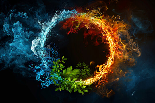 Cerchio dei 5 elementi, spazio, aria, fuoco, acqua, terra, rappresentati su sfondo scuro