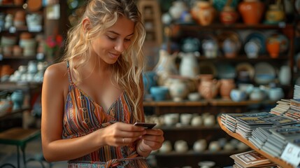 Fototapeta premium Blonde Woman Shopping for Souvenirs in a Local Market