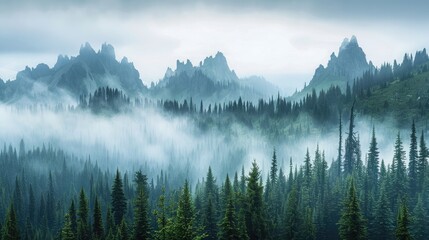 Fototapeta premium A serene mountain landscape with a range of jagged peaks and dense pine forests, blanketed in morning mist.