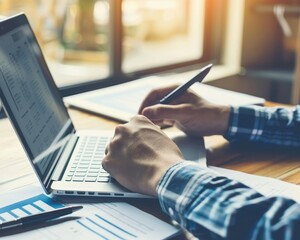 Businessman completing online checklist survey on virtual screen with laptop, filling digital form