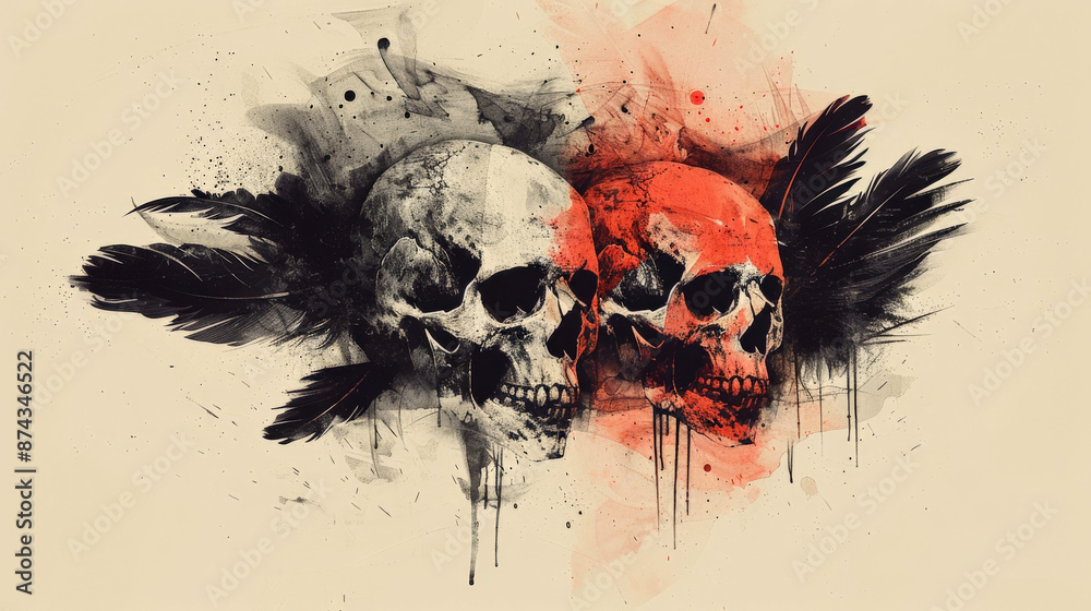 Wall mural abstract depiction of feathers and skulls in a balanced, minimalist design, using a limited color pa
