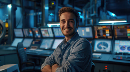 Obraz premium A man is smiling in front of a computer monitor