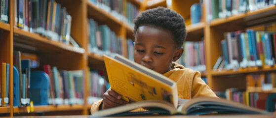 A young black boy is reading a book in a library