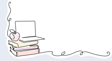 Books stack with notebook and apple over. Corner frame.