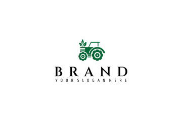 tractor logo with combination of natural leaves in green flat vector design style