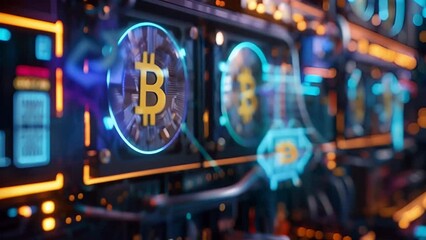 A futuristic visualization of the Bitcoin mining process. A high-tech server farm with countless displays displaying cryptocurrency and other digital data - Powered by Adobe