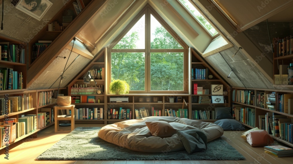 Poster a cozy reading nook in an attic space features a large window, bookshelves filled with books, and a 