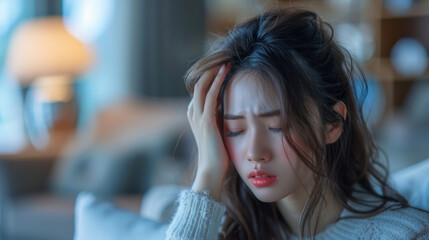 Fototapeta premium A woman is sitting on a couch with her head in her hands