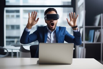 Businessman wearing virtual reality goggles in modern office. Businessman using VR headset